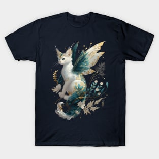 Majestic Cat Dragon Fairy Art - White and Teal with Gold Accents T-Shirt